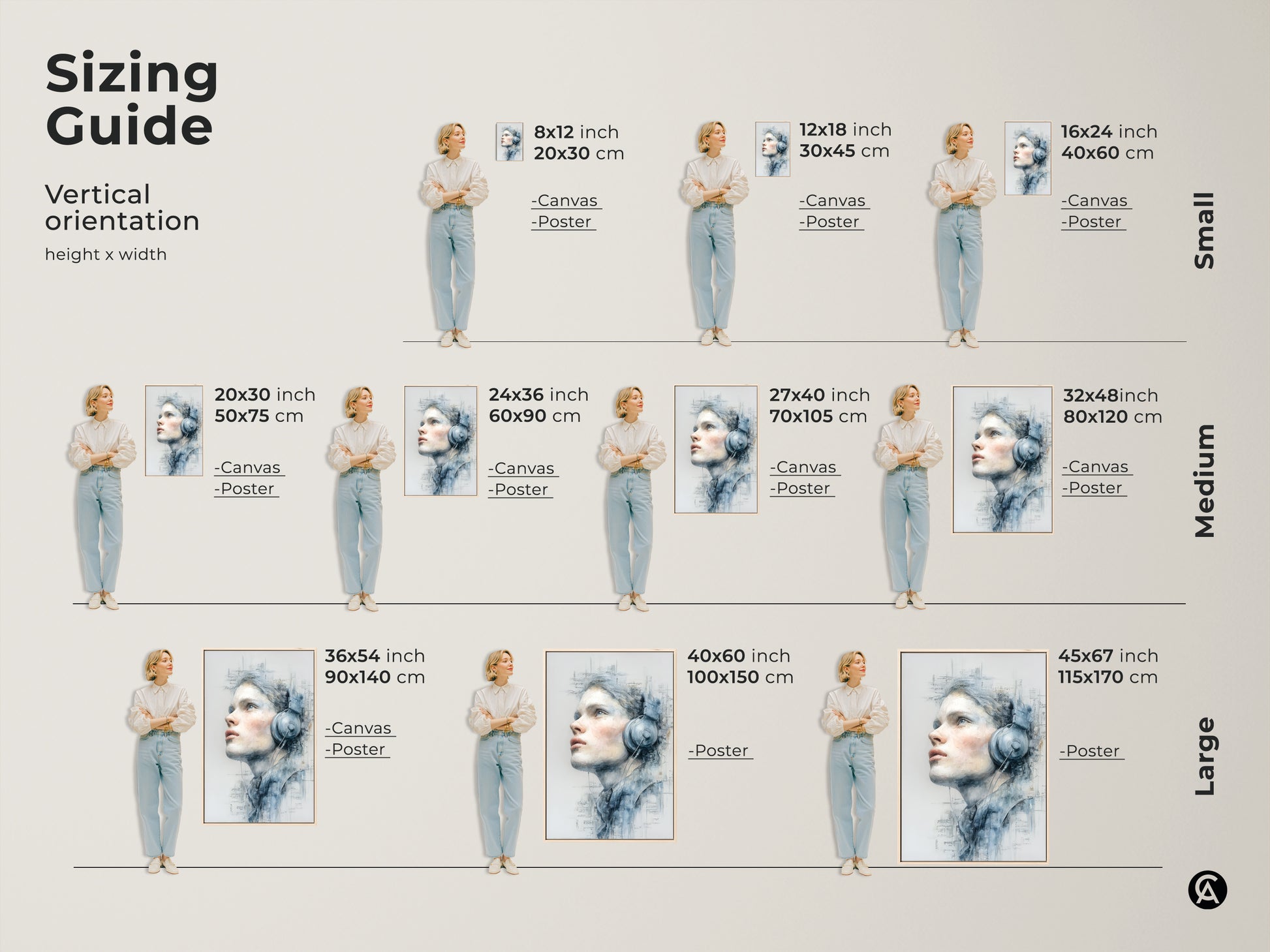 Sizing guide for vertical artwork featuring a woman with headphones. Available in small medium and large sizes. Find the ideal fit for your space. Explore canvas and poster options for this music-inspired art.