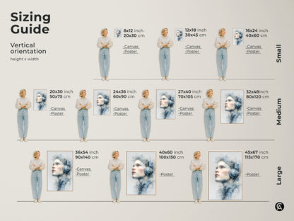 Sizing guide for vertical artwork featuring a woman with headphones. Available in small medium and large sizes. Find the ideal fit for your space. Explore canvas and poster options for this music-inspired art.