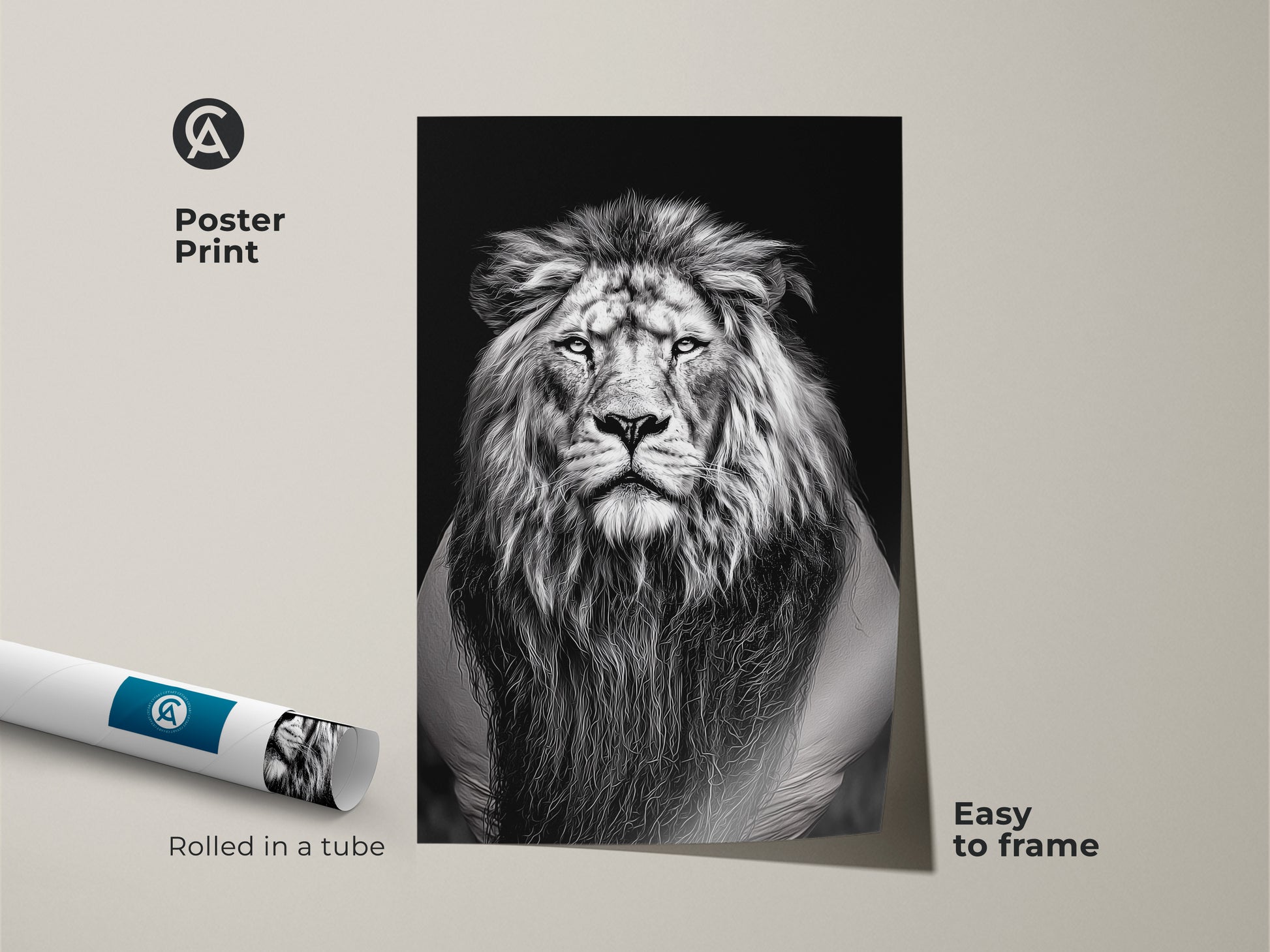 Museum-quality paper presents a photorealistic lion poster print. The monochrome wildlife art is easy to frame. Add this animal face wall decor to your study room for a touch of modern style. Perfect as office wall art or a unique gift for animal lovers. This noble lion print is a contemporary masterpiece.