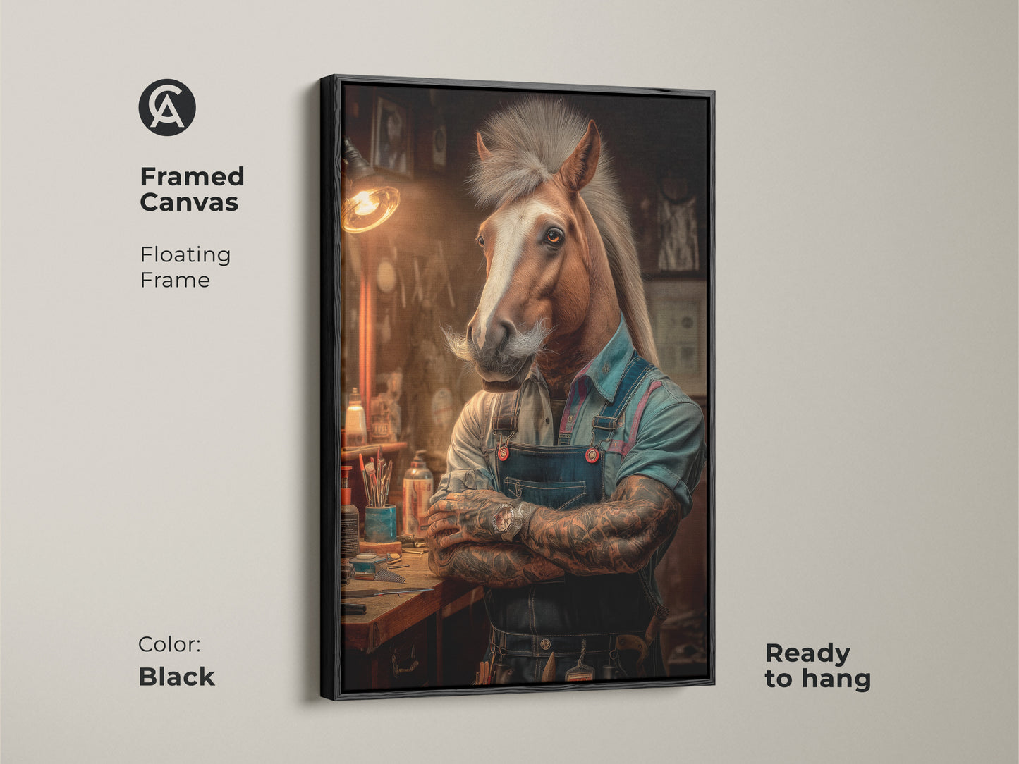 Framed canvas of a horse barber wall art perfect for masculine room decor. The floating black frame enhances this unique animal artwork. Ready to hang this surreal horse painting is a great conversation starter. This piece is ideal as a gift for horse lovers or anyone enjoying quirky art.