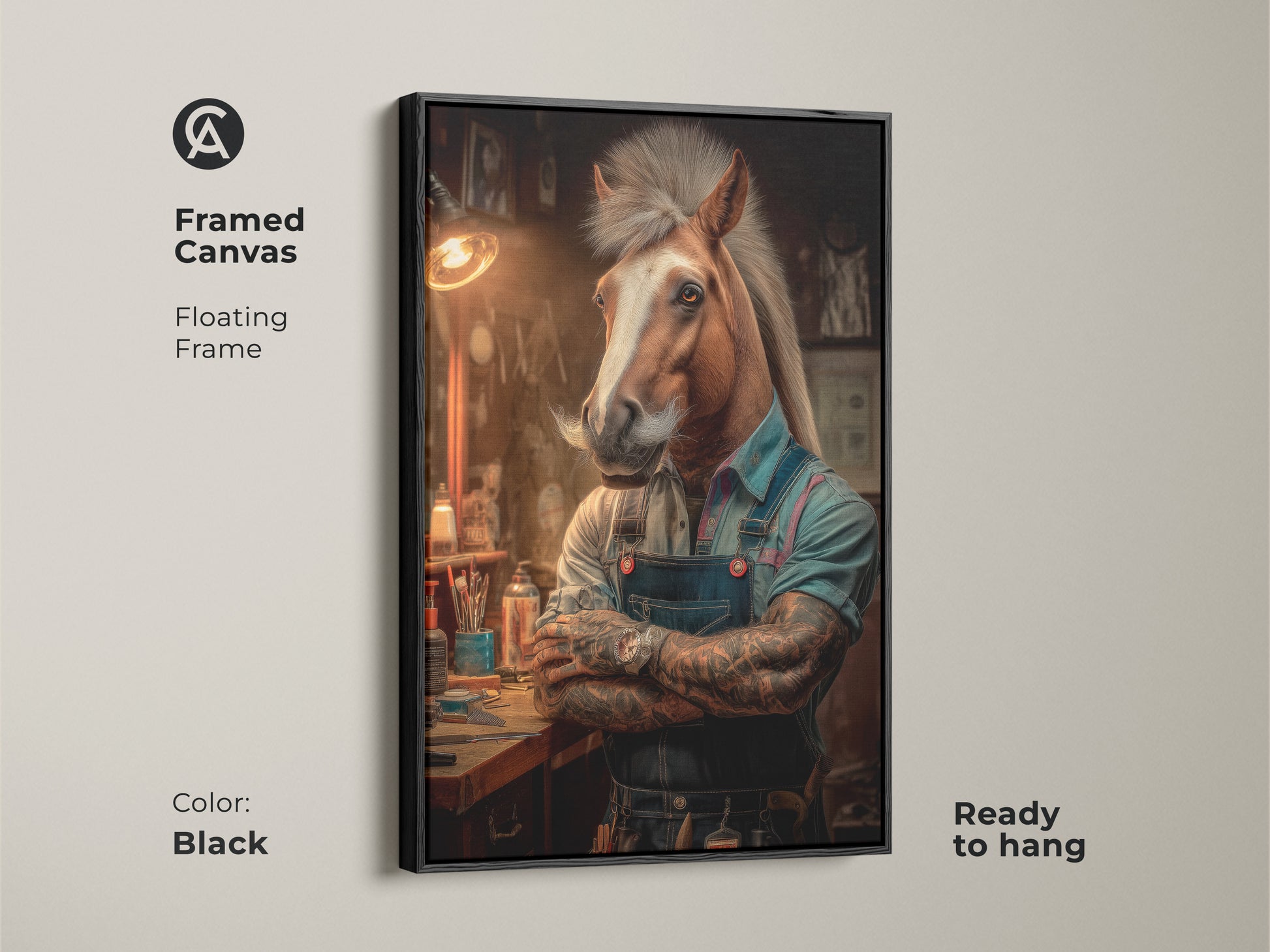 Framed canvas of a horse barber wall art perfect for masculine room decor. The floating black frame enhances this unique animal artwork. Ready to hang this surreal horse painting is a great conversation starter. This piece is ideal as a gift for horse lovers or anyone enjoying quirky art.