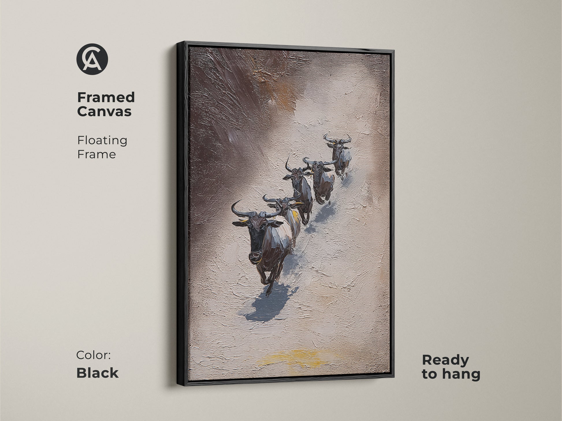 Black Framed Canvas featuring Wildebeest. This textured African wildlife art showcases animals in an impressionistic style. The gray and brown tones add a rustic touch. It's ready to hang. This framed canvas is perfect for adding a sophisticated touch to your wall decor.
