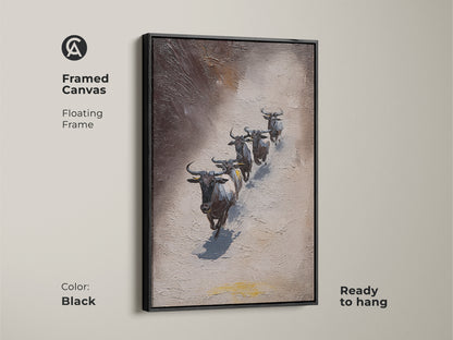 Black Framed Canvas featuring Wildebeest. This textured African wildlife art showcases animals in an impressionistic style. The gray and brown tones add a rustic touch. It's ready to hang. This framed canvas is perfect for adding a sophisticated touch to your wall decor.