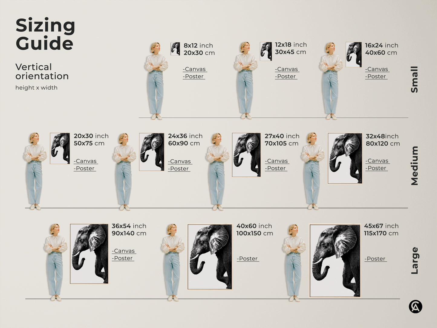Sizing guide for vertical minimalist elephant art prints. Available as canvas or poster in small medium and large sizes. Perfect for bedroom or living room animal art.