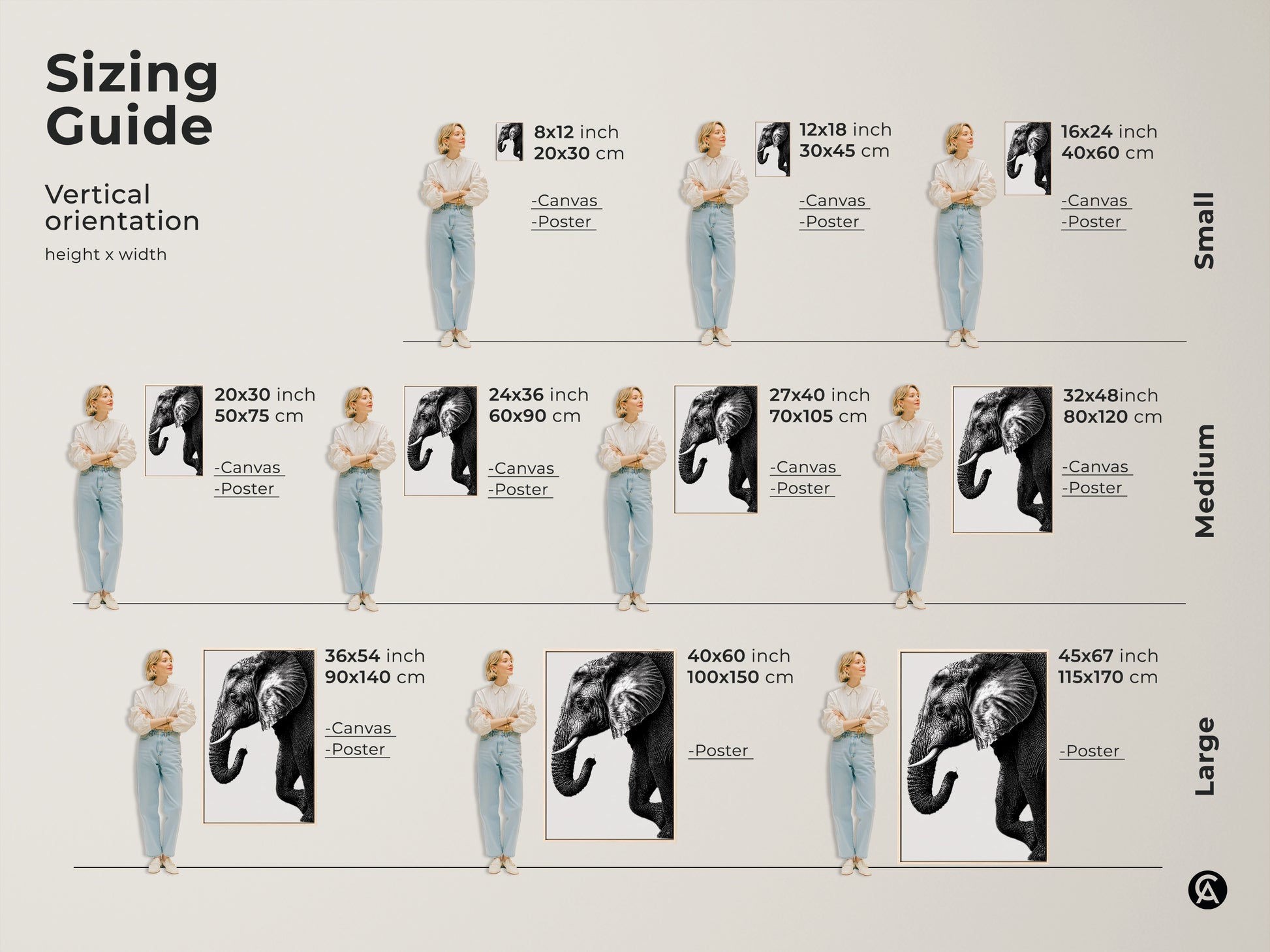 Sizing guide for vertical minimalist elephant art prints. Available as canvas or poster in small medium and large sizes. Perfect for bedroom or living room animal art.