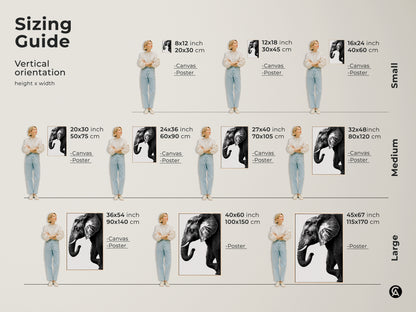 Sizing guide for vertical minimalist elephant art prints. Available as canvas or poster in small medium and large sizes. Perfect for bedroom or living room animal art.