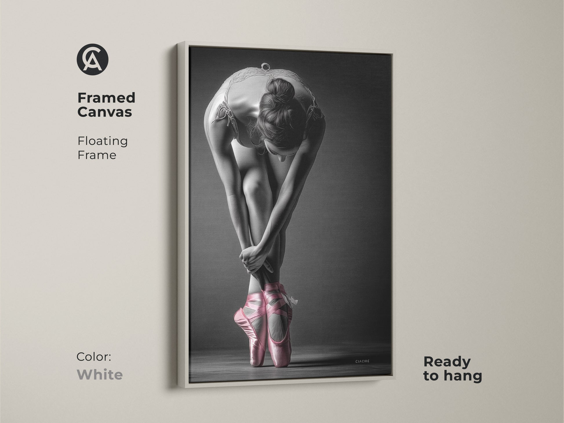 White framed canvas of a ballerina. This art print features a dancer with pink pointe shoes. A floating frame creates a clean look. Ready to hang and complement any interior style easily.