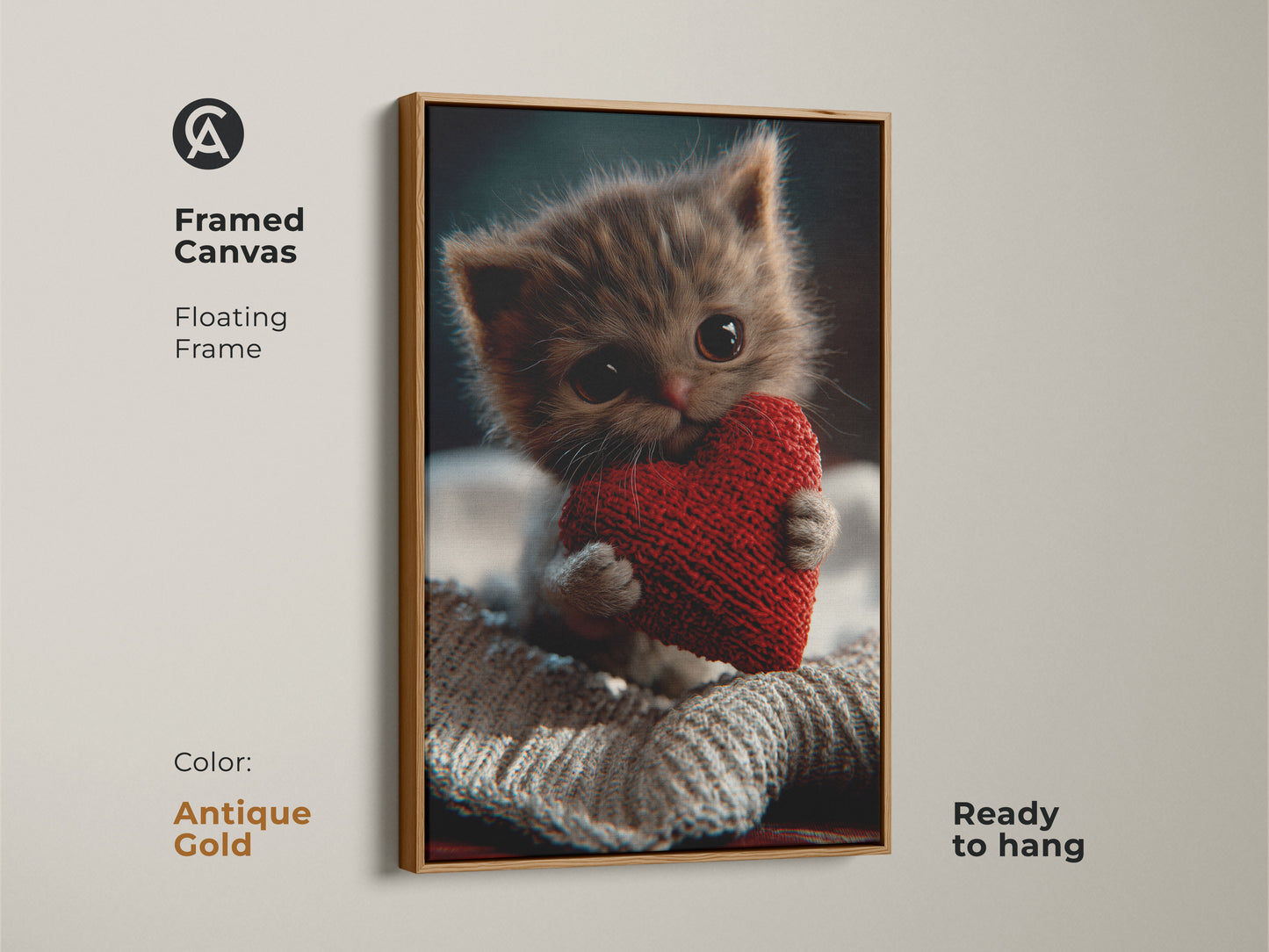 Framed canvas art of a cuddly kitten with a red heart. The floating frame is antique gold. This charming feline artwork is ready to hang. This is a unique cat themed gift. It is a sweet little kitten print for home wall art.
