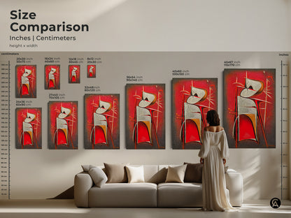 Size comparison of a geometric abstract surreal figure. Various sizes are showcased in inches and centimeters. Find the ideal dimensions for your art collector wall decor.