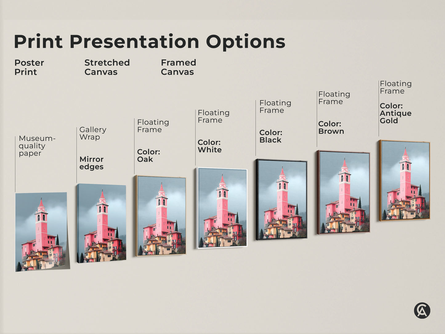 Explore print presentation options with this European village canvas art. Choose from poster print stretched canvas and framed canvas. Museum quality paper is available too.