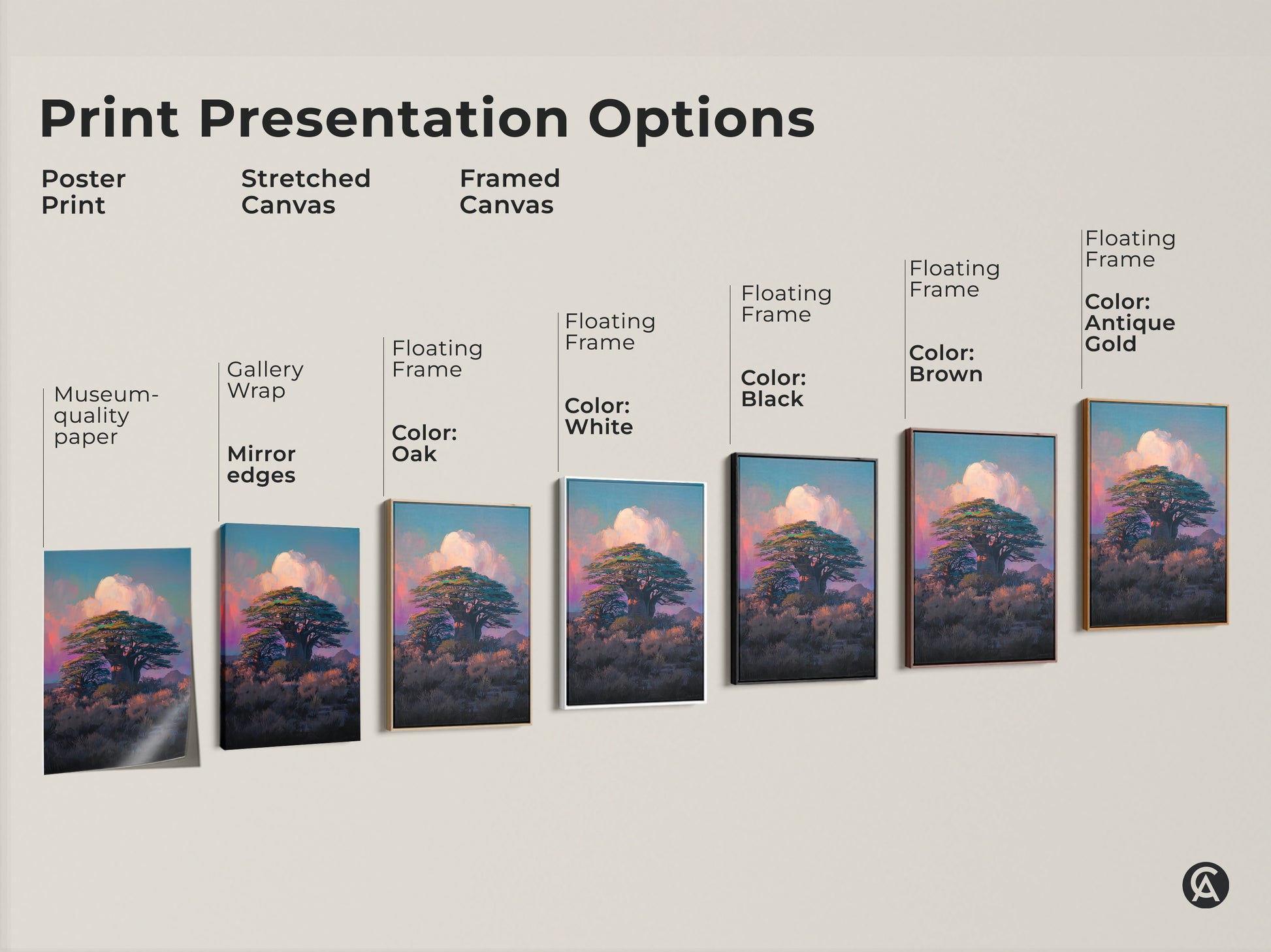 Various print presentation options of a Baobab tree artwork. Choose from poster prints stretched canvas and framed canvas. Enhance your home decor with this impressionism style art print.