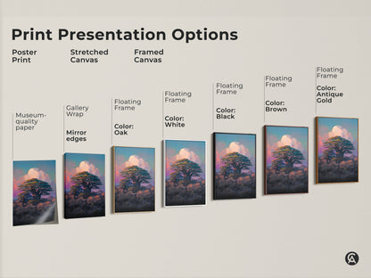 Various print presentation options of a Baobab tree artwork. Choose from poster prints stretched canvas and framed canvas. Enhance your home decor with this impressionism style art print.