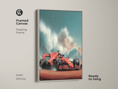 View this framed canvas artwork of a dynamic red Formula 1 car. The floating frame gives it a contemporary feel. This modern office wall art is ready to hang. The white frame makes the motorsport wall decor stand out. A great addition to any office space.