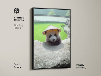 Black Framed Canvas of Baby Panda Wall Art. This cute nursery decor print shows a panda with a hat. It is photorealistic animal artwork. A new baby gift idea. Animal nature wall decor.