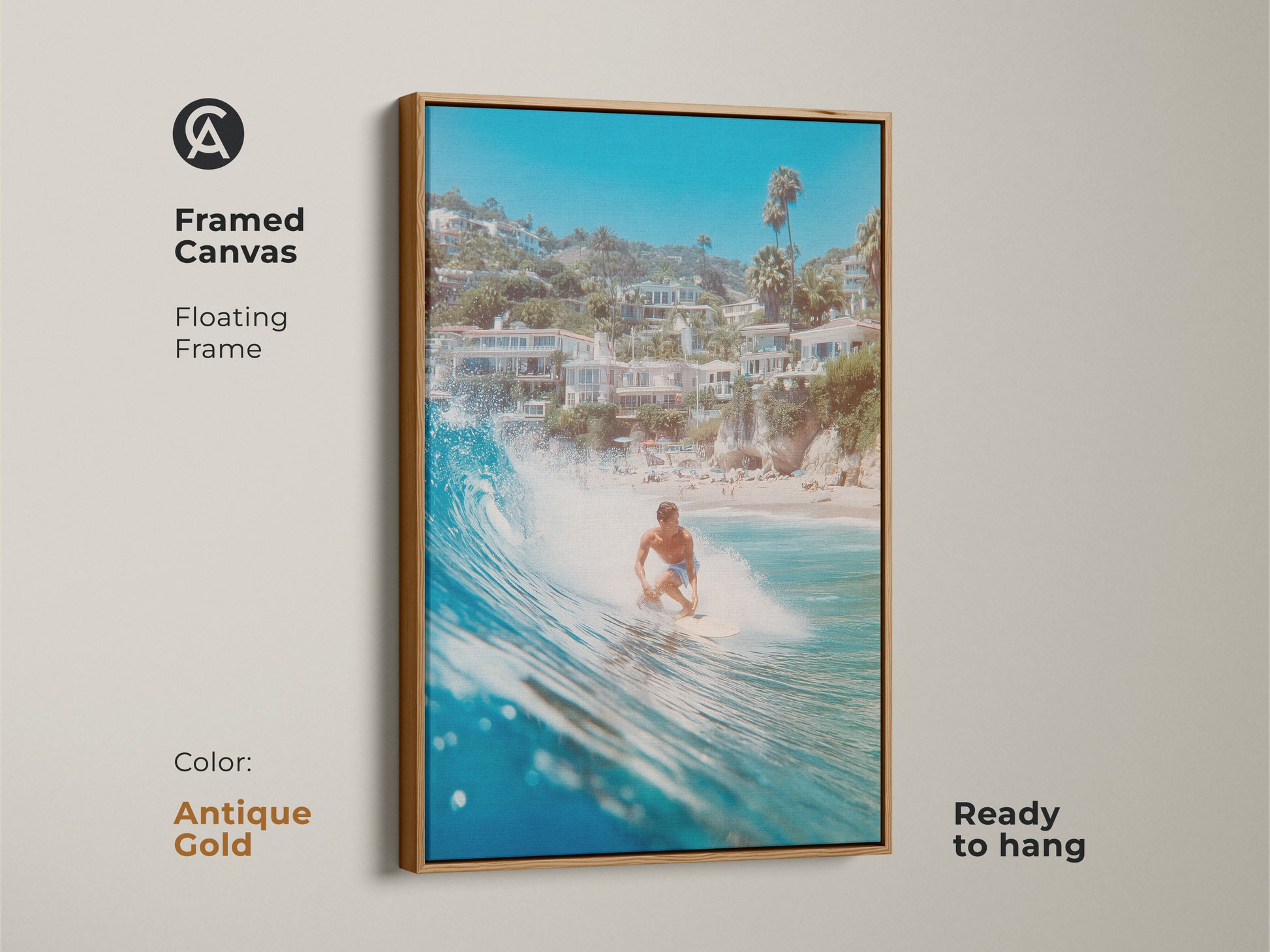 A framed canvas art print featuring a surfer riding a wave. The floating antique gold frame enhances the artwork. This piece is ready to hang and brings a touch of the ocean into your home. The artwork has a classic and luxurious aesthetic.