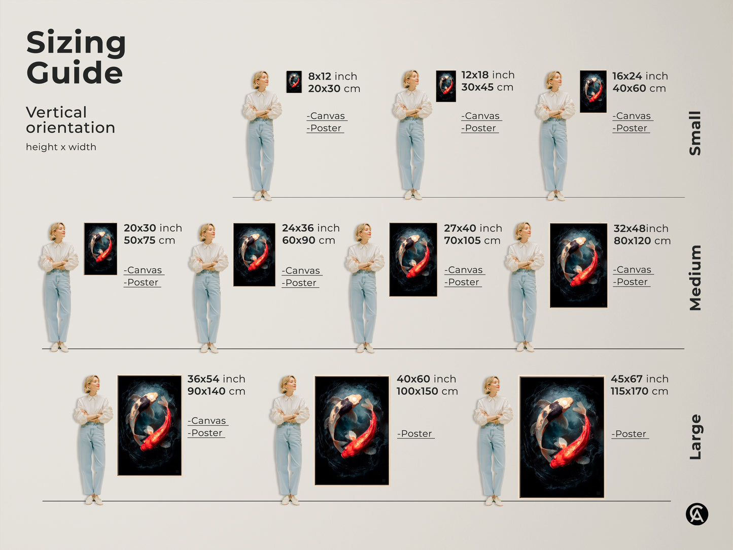 Sizing guide for vertical orientation art prints. Choose from small medium and large sizes for canvas or poster prints. The artwork features two koi fish in a yin and yang position. Find the perfect size for your space.