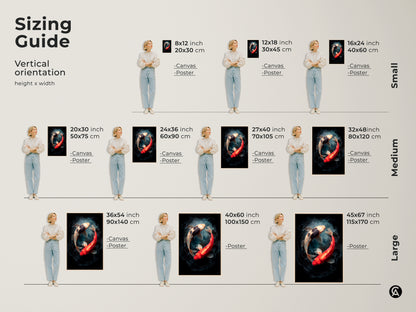 Sizing guide for vertical orientation art prints. Choose from small medium and large sizes for canvas or poster prints. The artwork features two koi fish in a yin and yang position. Find the perfect size for your space.
