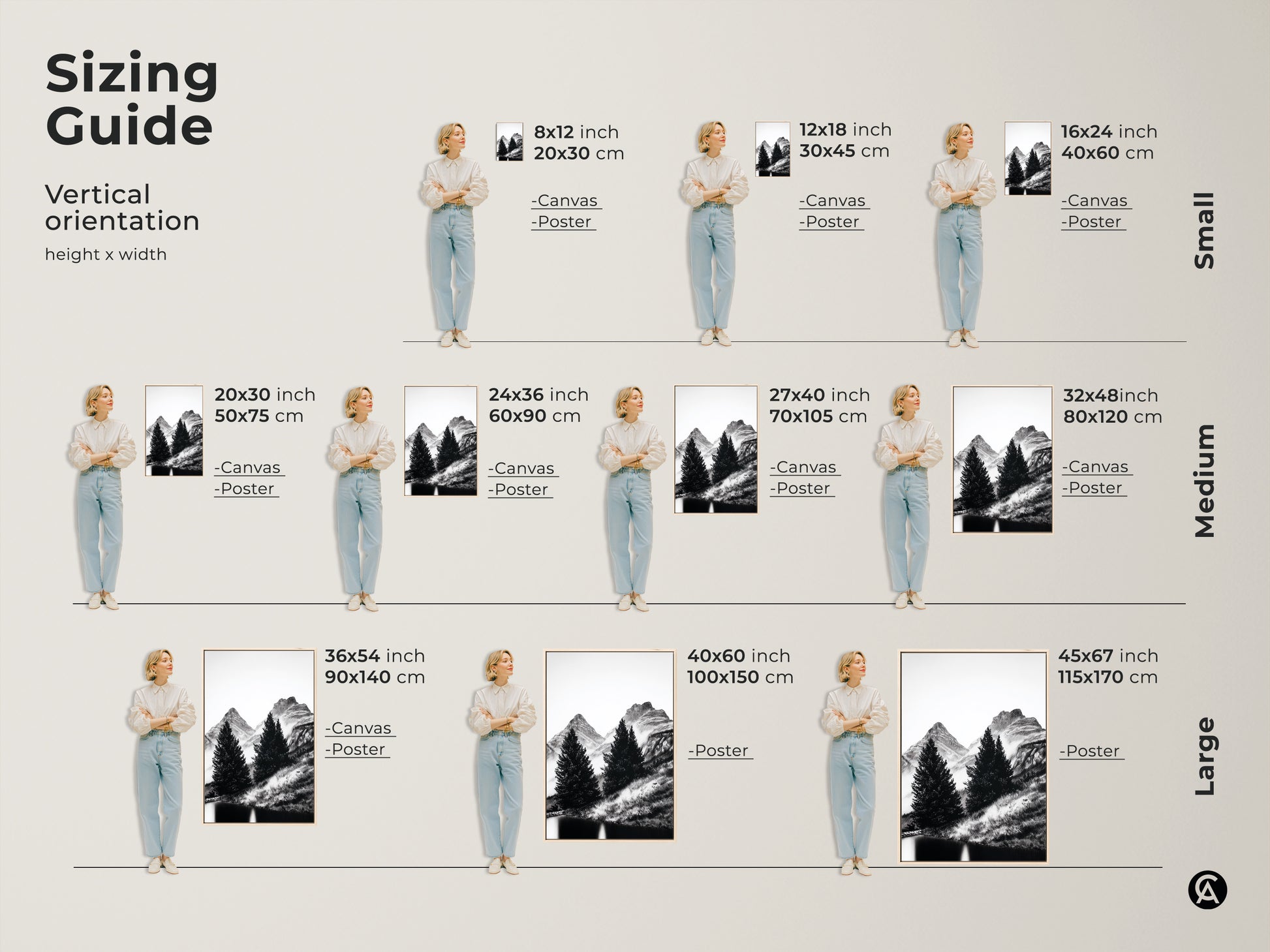 Sizing guide for vertical minimalist mountain wall art available in canvas or poster prints. Sizes range from small at 8x12 to large at 45x67 inches. Find the perfect black and white nature artwork to fit your space. Ideal for scenic nature wall hanging.