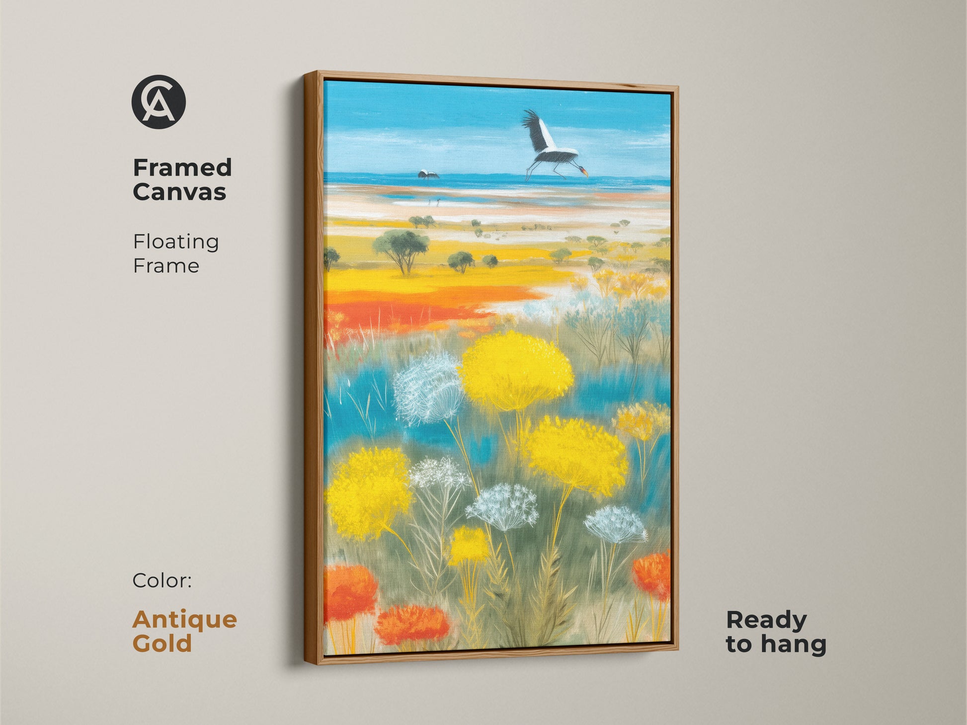 Framed canvas with an antique gold floating frame highlighting a boho crane art print. The artwork features a stunning sky blue and golden yellow wildflower landscape. A nature wildlife wall art piece. It comes ready to hang. Perfect for adding a touch of elegance and charm to your space.