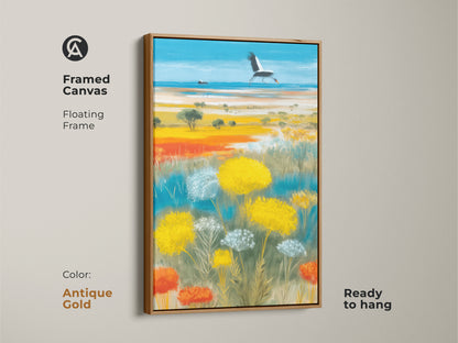 Framed canvas with an antique gold floating frame highlighting a boho crane art print. The artwork features a stunning sky blue and golden yellow wildflower landscape. A nature wildlife wall art piece. It comes ready to hang. Perfect for adding a touch of elegance and charm to your space.