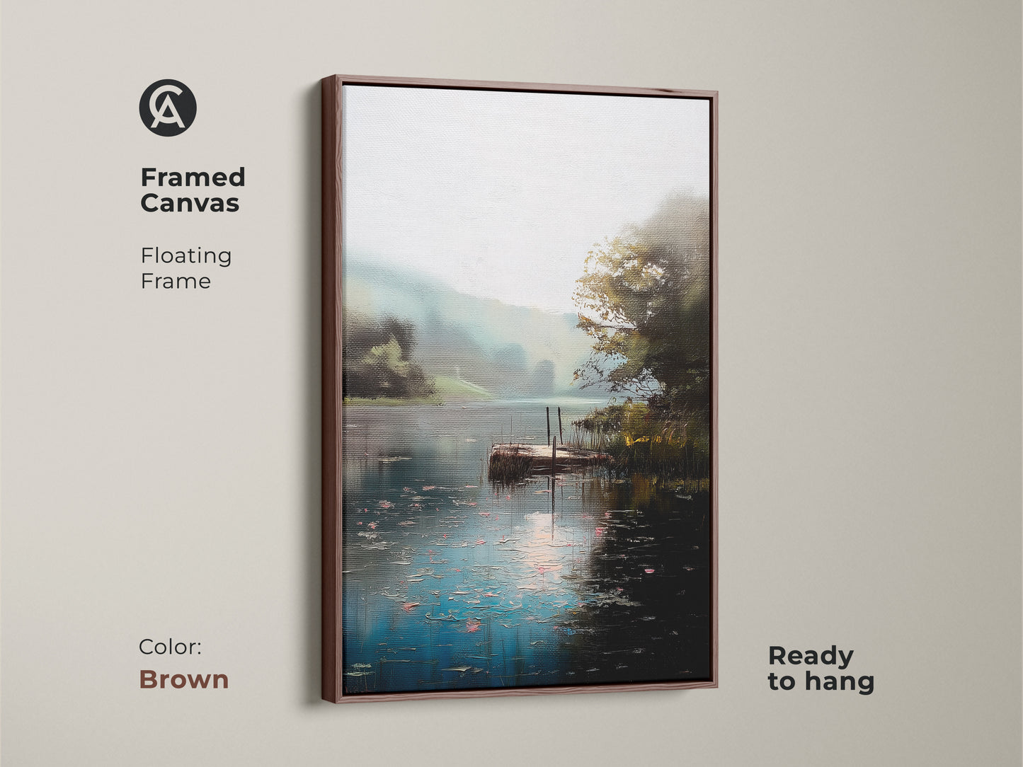 Framed canvas featuring a rustic lake landscape with a dock. The brown floating frame complements the impressionist nature art. Teal green water creates a tranquil scene. Ready to hang this framed artwork brings countryside charm to any space. A perfect gift for lake and nature lovers.