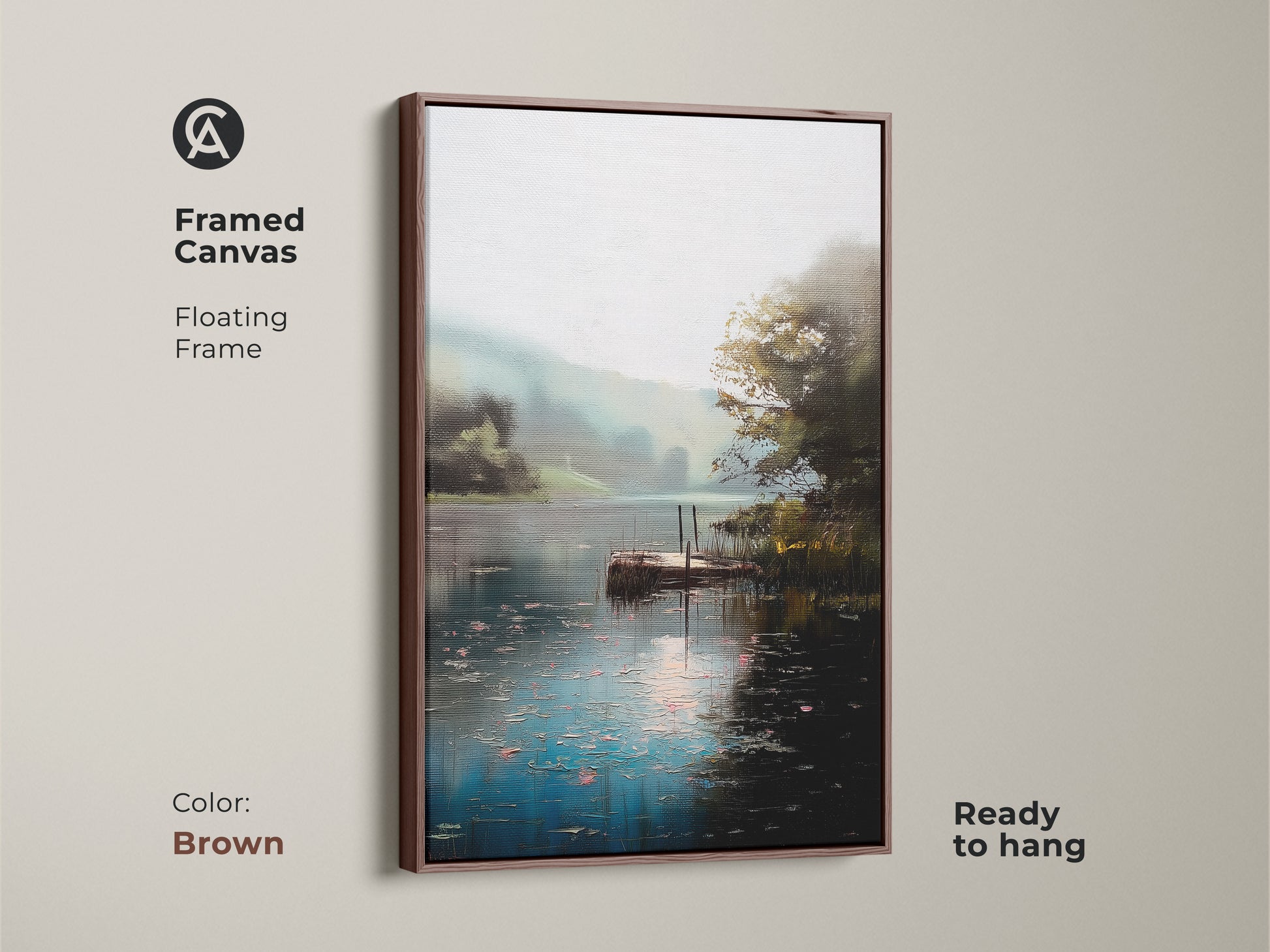 Framed canvas featuring a rustic lake landscape with a dock. The brown floating frame complements the impressionist nature art. Teal green water creates a tranquil scene. Ready to hang this framed artwork brings countryside charm to any space. A perfect gift for lake and nature lovers.