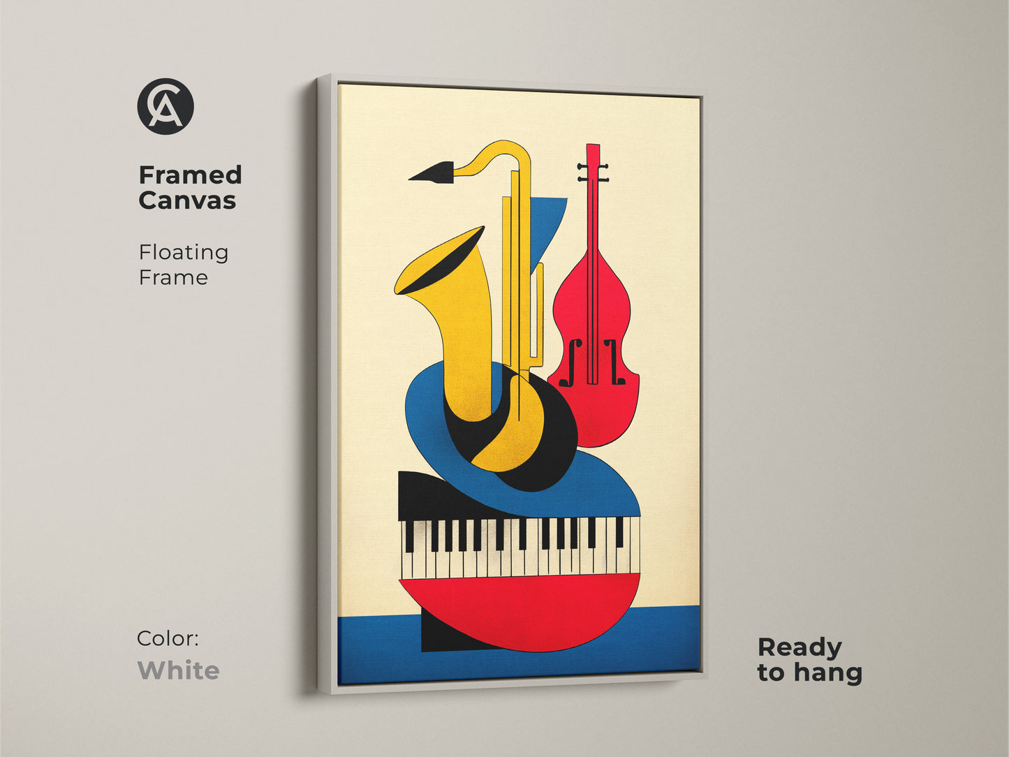 Framed canvas displays Bauhaus geometric artwork of a saxophone violin and piano. A white floating frame complements the mid century modern abstract print. The music inspired wall decor is ready to hang and adds style to any room.