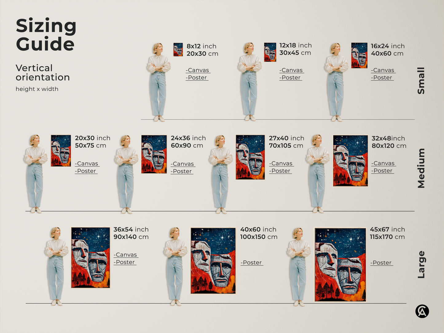 Sizing guide for Mount Rushmore vertical art. Various sizes showcase American Presidents art. See canvas and poster options in different dimensions. This red blue orange art enhances any wall. Find the perfect eclectic art size to fit your space. Choose historic art for home decor.