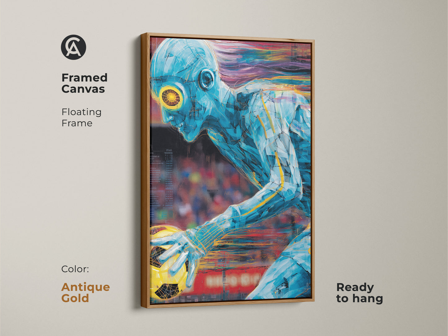 Antique gold framed canvas with abstract soccer art. This floating frame highlights the blue and yellow soccer print. Perfect contemporary sports art for a game room. The unique action sports art makes a great soccer gift.