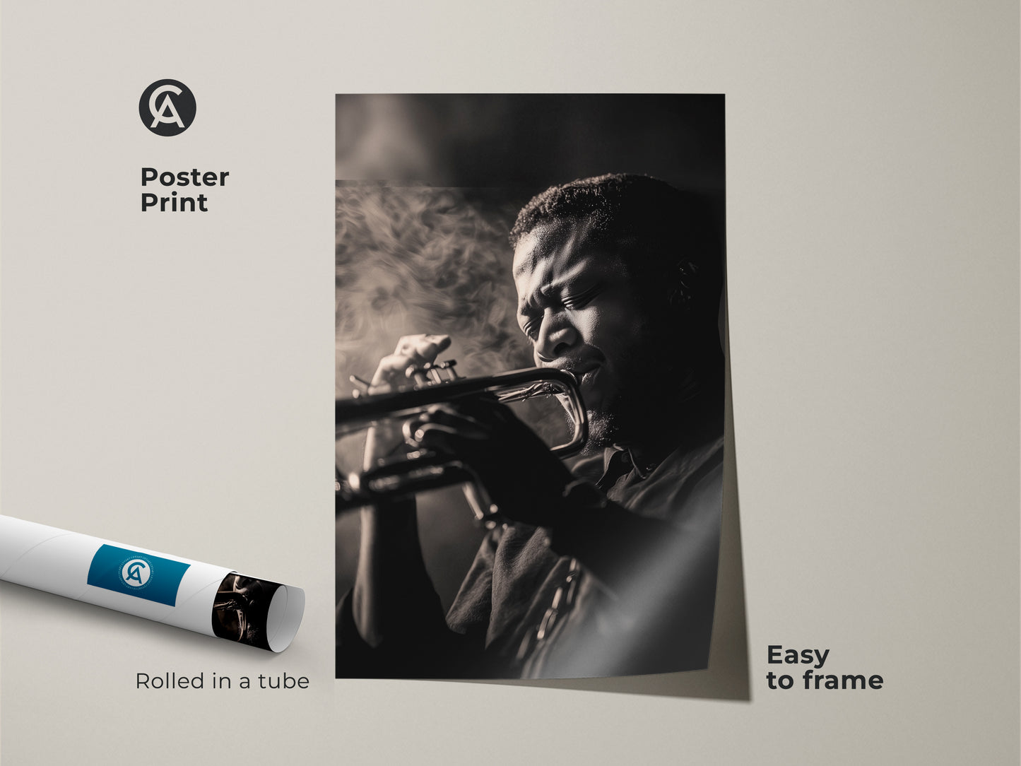 A poster print of a musician engrossed in playing the trumpet. This black and white artwork adds a vintage touch to any room. Easy to frame this museum-quality paper artwork. Rolled in a tube for protection. Get yours today!