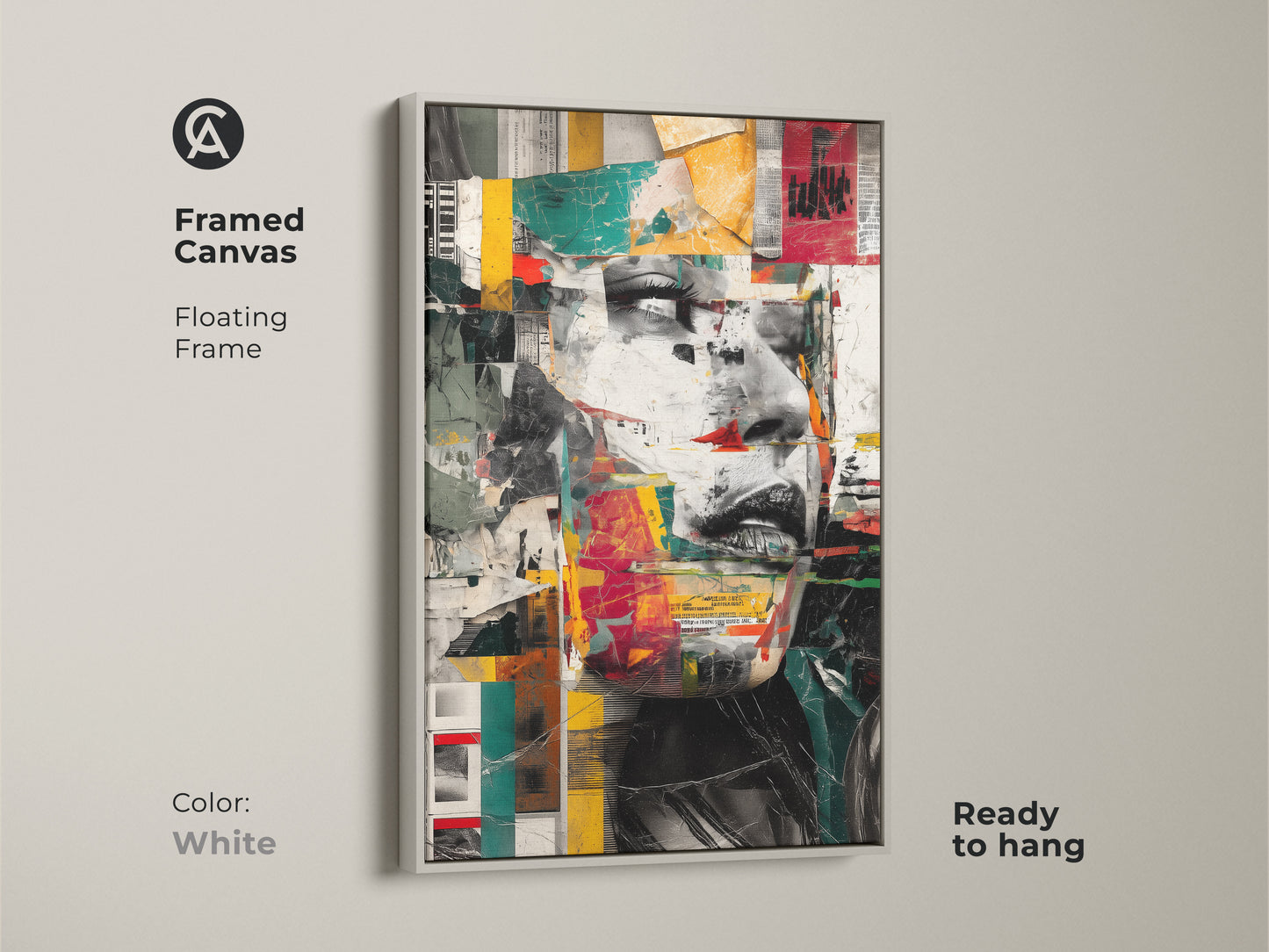 Framed canvas with a white floating frame featuring an abstract woman face collage. Ready to hang. Modern mixed media print. Eclectic red teal yellow wall art adds a contemporary touch to any room. Unique portrait artwork ideal as a gift for art lovers. Geometric collage print with vibrant colors and textured details.