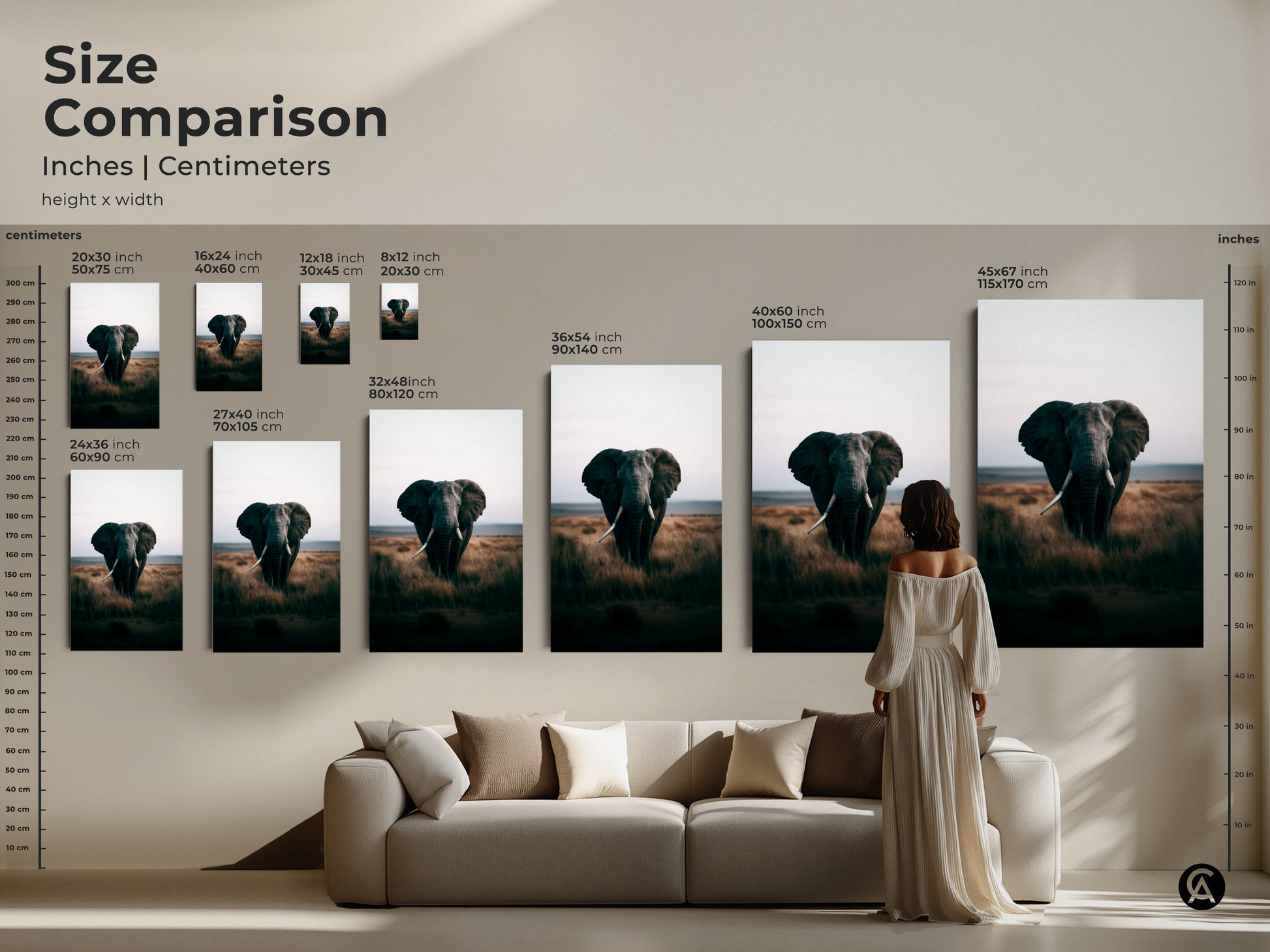 Size comparison of elephant art prints in inches and centimeters. Visualize how different sizes fit above a sofa. Choose from various sizes to complement your living space. This African savanna wildlife artwork is available as a canvas or poster. Enhance your home with this natural landscape print.