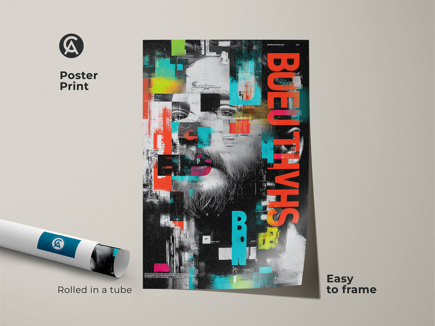 Poster print of an abstract glitch art portrait. Rolled in a tube for easy framing. The urban man face wall art features a red black and teal abstract canvas. This graphic art poster is great contemporary office wall decor or a modern art print.