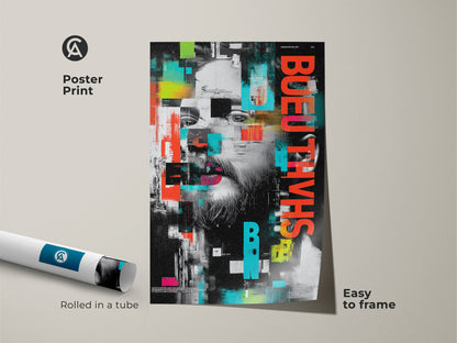 Poster print of an abstract glitch art portrait. Rolled in a tube for easy framing. The urban man face wall art features a red black and teal abstract canvas. This graphic art poster is great contemporary office wall decor or a modern art print.