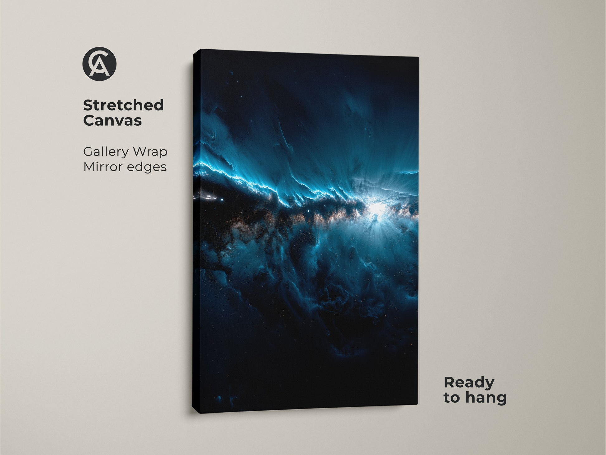 This is a stretched canvas nebula artwork. The art features shades of dark blue and white. The canvas has mirrored edges and is ready to hang. The gallery wrap adds a professional touch. Purchase this stretched canvas art today