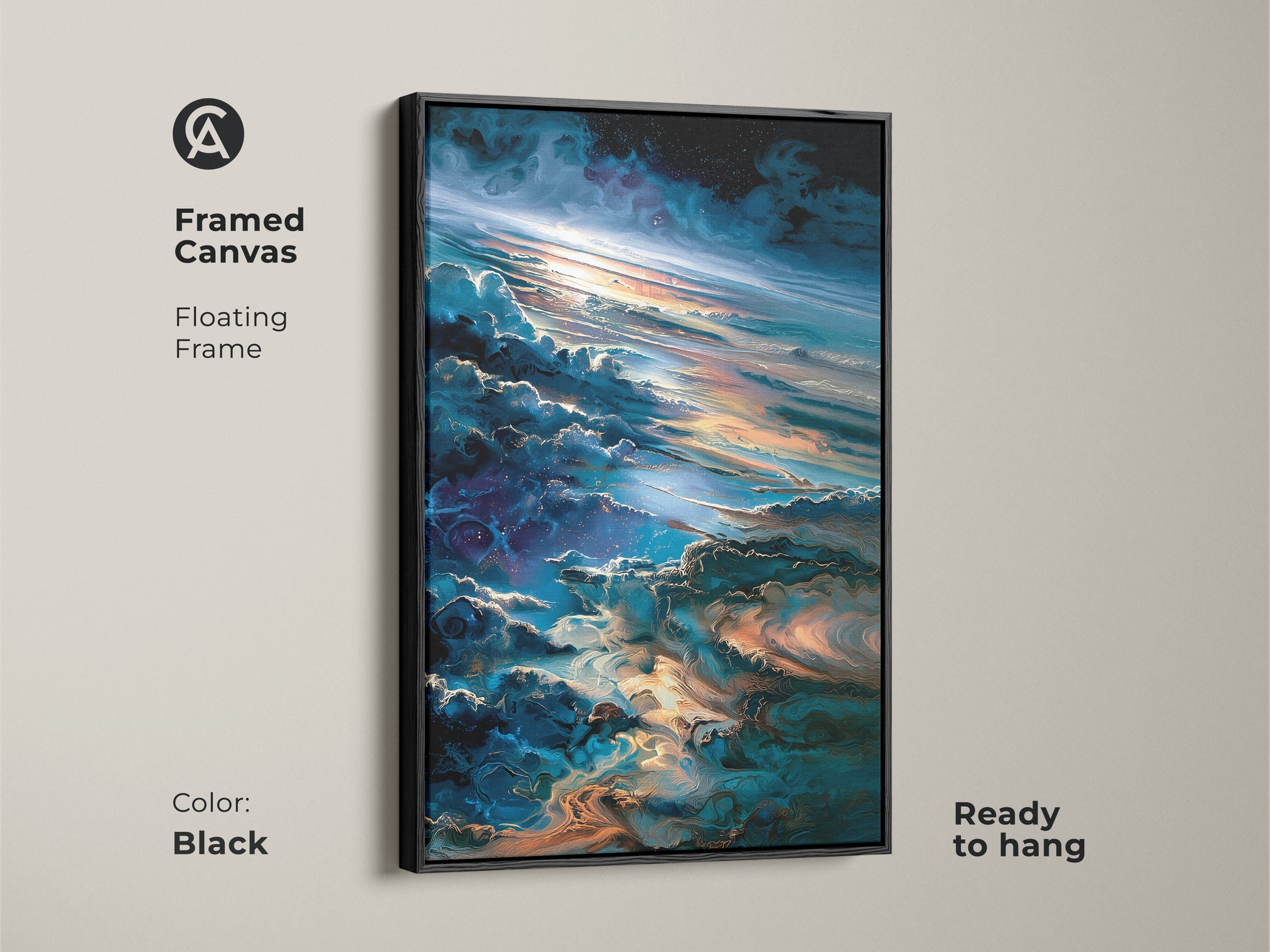 Framed canvas art featuring a space cloudscape with a black floating frame. Ready to hang in any room. The artwork captures the beauty of a nebula. Purchase this framed canvas art for an easy decorating solution. Enhance your living space with cosmic-inspired art.
