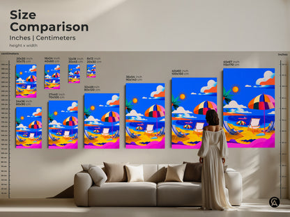 Size comparison of vibrant beach scene artwork. See how different sizes look above a couch and on a wall. Dimensions are shown in inches and centimeters. Visualize the impact of various sizes and choose the perfect fit for your space. Transform your home with this stunning beach artwork today.