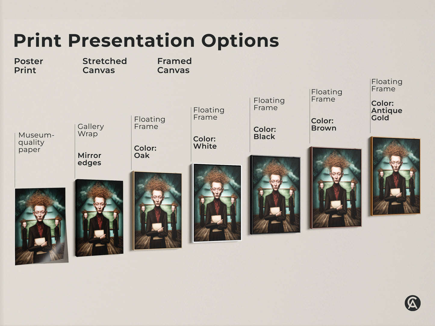Explore print presentation options. Choose poster stretched or framed canvas. Each featuring the Gothic surrealist portrait. Select museum-quality paper gallery wrap or floating frames. Enhance your academic study decor today.