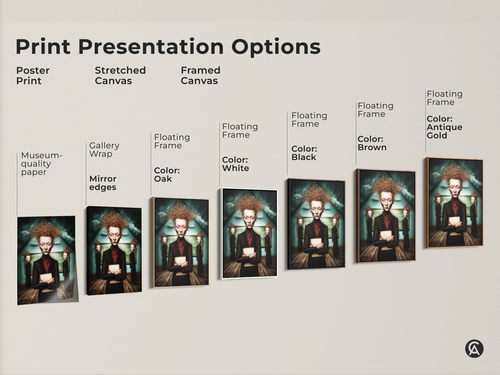 Explore print presentation options. Choose poster stretched or framed canvas. Each featuring the Gothic surrealist portrait. Select museum-quality paper gallery wrap or floating frames. Enhance your academic study decor today.