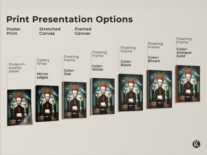 Explore print presentation options. Choose poster stretched or framed canvas. Each featuring the Gothic surrealist portrait. Select museum-quality paper gallery wrap or floating frames. Enhance your academic study decor today.