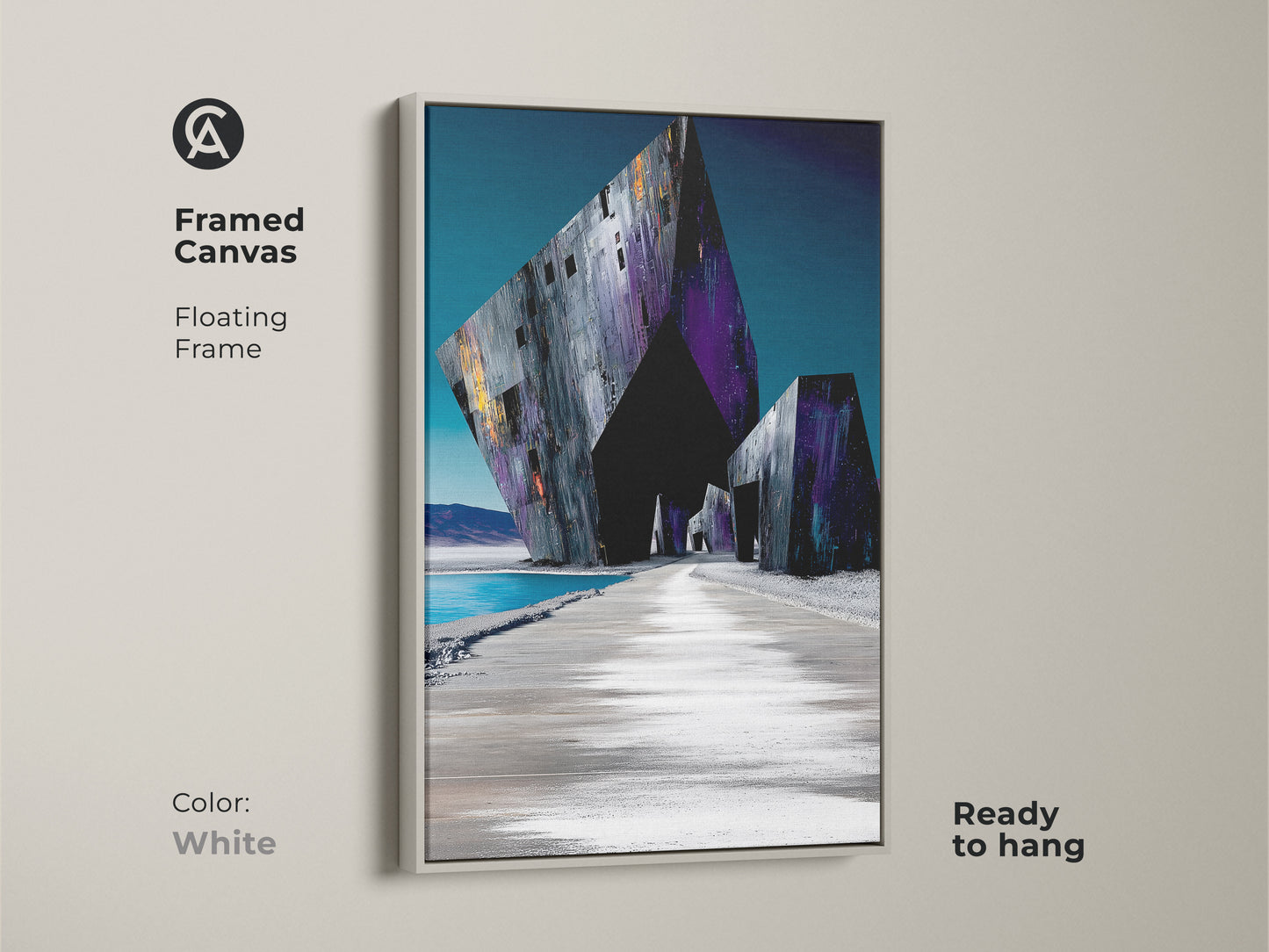 White framed canvas art exhibits an abstract architecture print with a floating frame. The deep purple and dark gray hues create a contemporary feel. A surreal geometric artwork ready to enhance your decor.