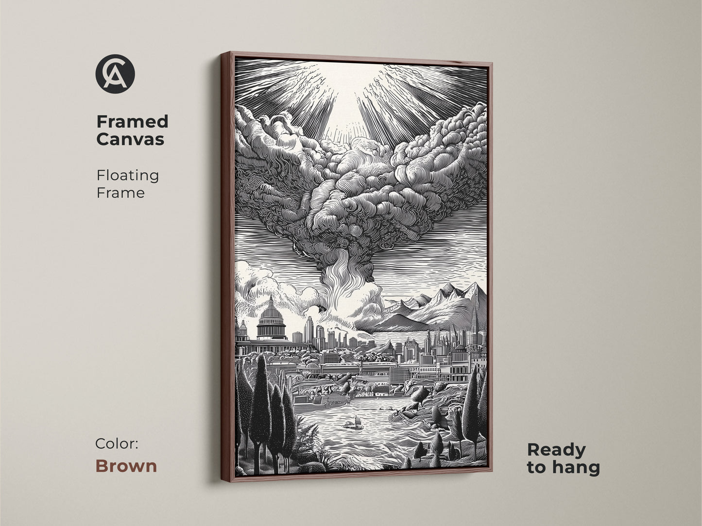 Framed canvas artwork with a floating frame. This brown-framed art features a cityscape with a dramatic sky. The monochrome artwork is ready to hang. It brings warmth and style to any interior. Explore our framed canvas art. Enhance your home decor today.