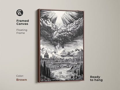 Framed canvas artwork with a floating frame. This brown-framed art features a cityscape with a dramatic sky. The monochrome artwork is ready to hang. It brings warmth and style to any interior. Explore our framed canvas art. Enhance your home decor today.