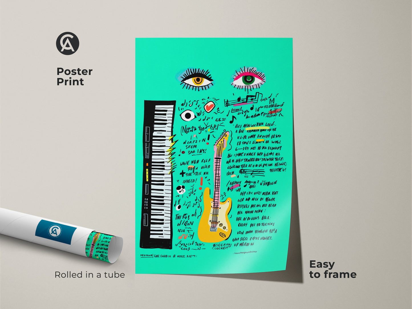 Museum-quality teal Pop Art music poster print rolled in a tube. Easy to frame this abstract guitar and eyes artwork. Ideal for adding a pop of color to eclectic home styles and creative spaces.