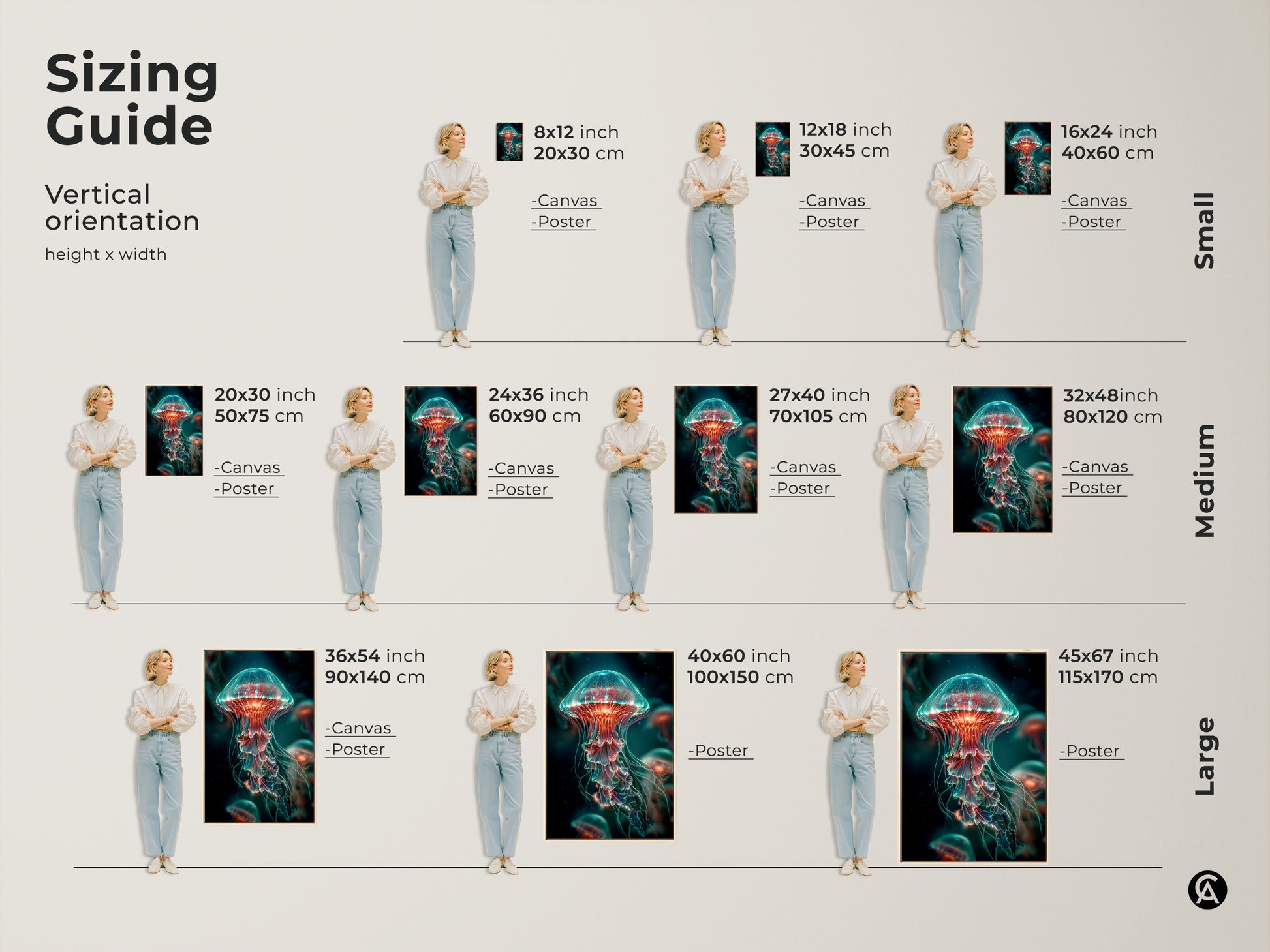 Sizing guide for jellyfish artwork. Vertical orientation with height and width measurements. Available in canvas and poster options. Find the ideal size for your space. From small to large sizes we have the perfect fit for any room.