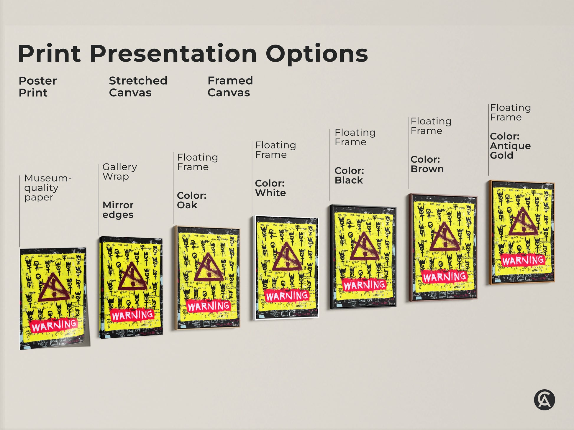 Print presentation options showcasing urban street art. See poster prints stretched canvases and framed canvases. The yellow and black graffiti neo-expressionism wall art features a red warning sign. Choose the perfect format for your eclectic home decor or modern office wall art.