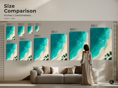 Size comparison of beach artwork in inches and centimeters. Visualize how different sizes will look in your home. Choose from canvas and poster prints. Transform your living room with stunning coastal art. Sizes range from 20x30 cm to 115x170 cm.
