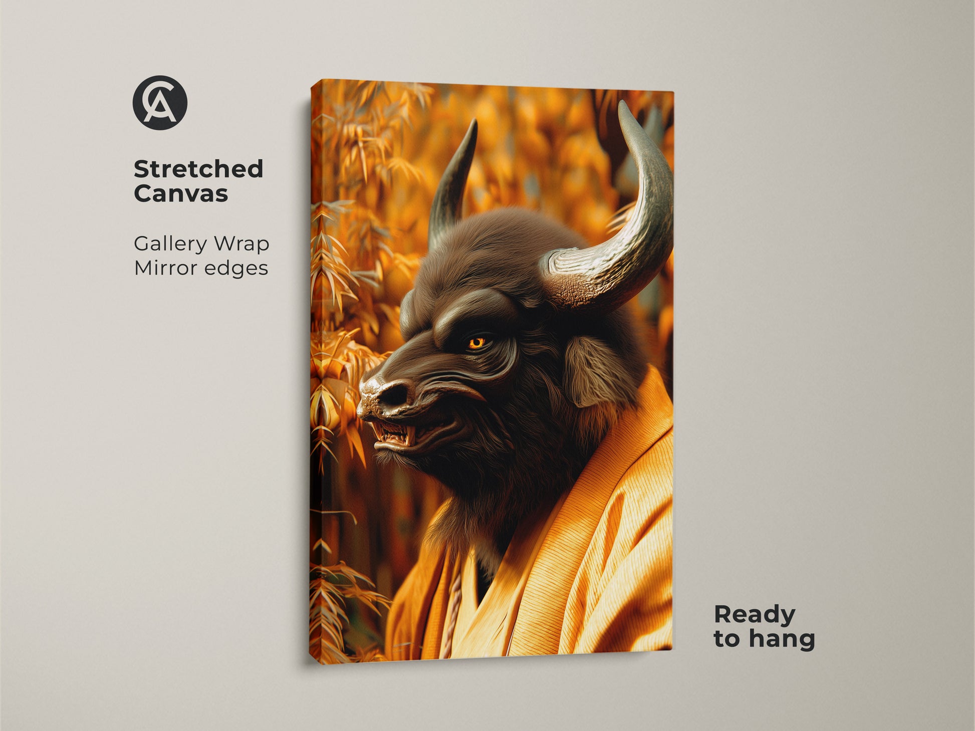 Stretched canvas artwork of a Minotaur Samurai in a bamboo forest. The gallery wrap with mirrored edges creates a stunning visual effect. The intense gaze and traditional attire of the Minotaur are captivating. Ready to hang this artwork adds a touch of mythical warrior spirit to your decor.