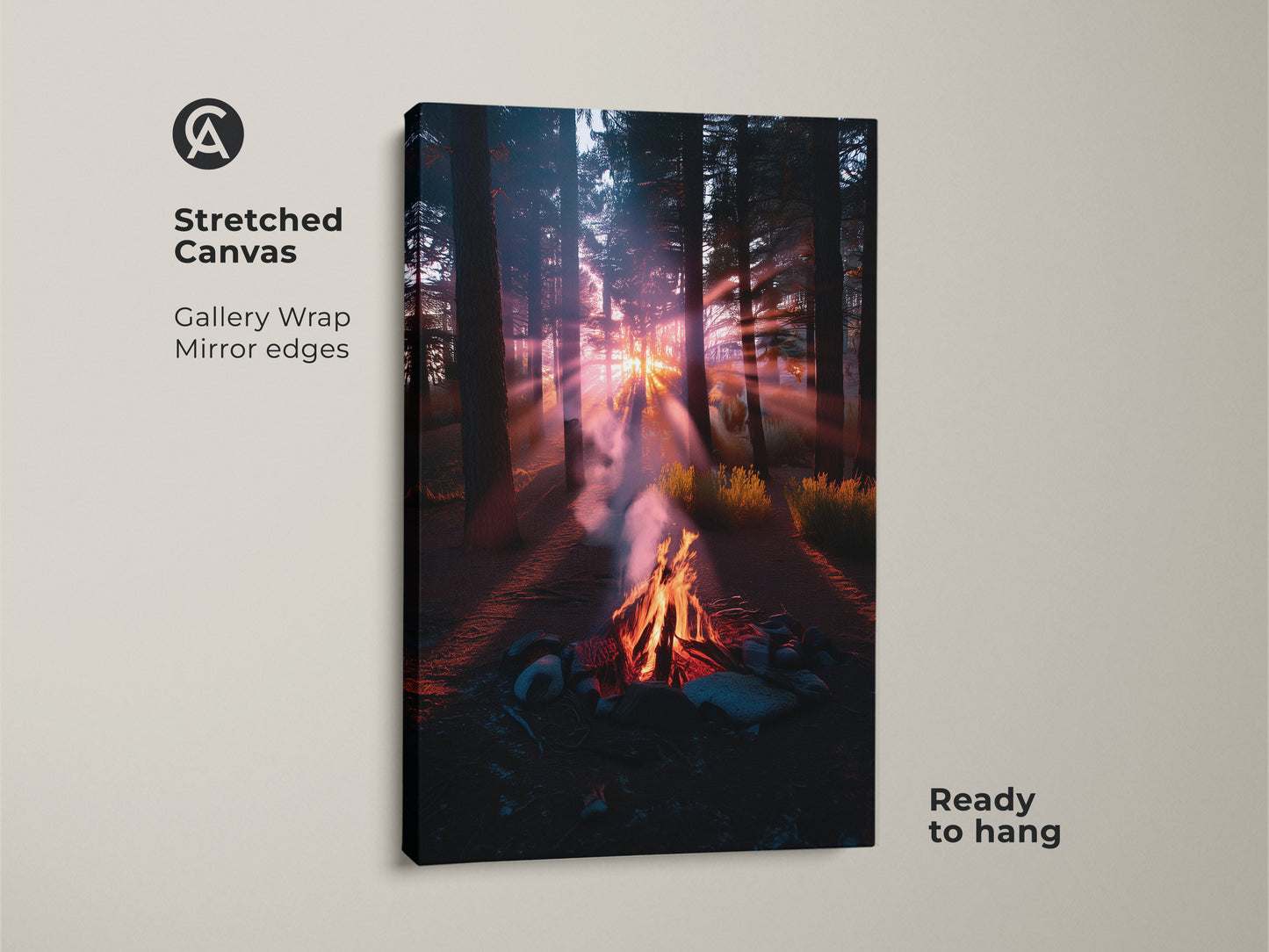 Stretched canvas print of a campfire in a forest at sunset. This gallery wrapped canvas art has mirror edges. Red and gold light shines through the trees. This cozy woodland canvas art is ready to hang. It's perfect for outdoor nature wall decor.