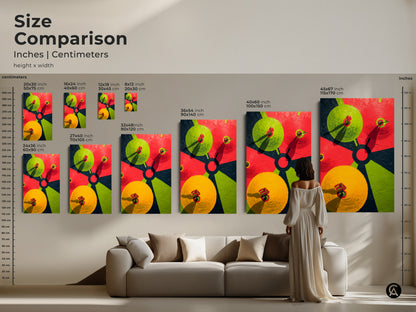 The size comparison of the abstract dartboard artwork in inches and centimeters are displayed. See how the geometric wall art fits in various spaces. A woman stands to view a large size.